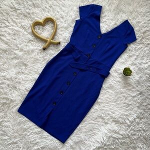 Express Blue Sheath Dress V-Neck Midi